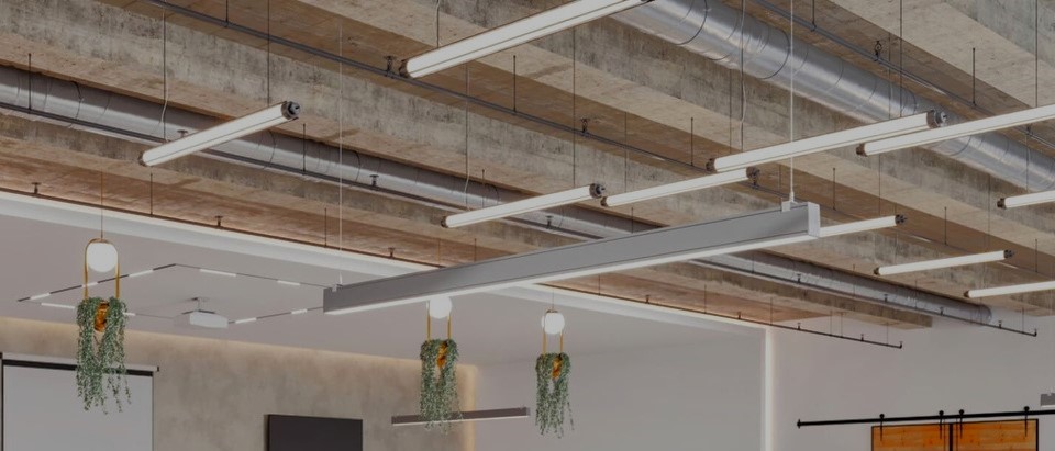 LED Fixtures suspended over a residential common area