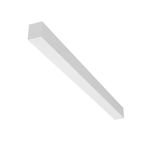 8ft Front diagonal view of a white LED architectural strip light featuring a sleek, linear design with a slim, minimalist profile. The fixture has a smooth, frosted diffuser that runs along its length, providing seamless, glare-free illumination. Its modern, low-profile body makes it ideal for accent lighting or continuous rows in retail, office, or hospitality environments