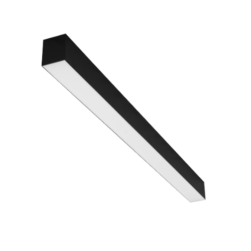 8ft Front diagonal view of a black LED architectural strip light featuring a sleek, linear design with a slim, minimalist profile. The fixture has a smooth, frosted diffuser that runs along its length, providing seamless, glare-free illumination. Its modern, low-profile body makes it ideal for accent lighting or continuous rows in retail, office, or hospitality environments