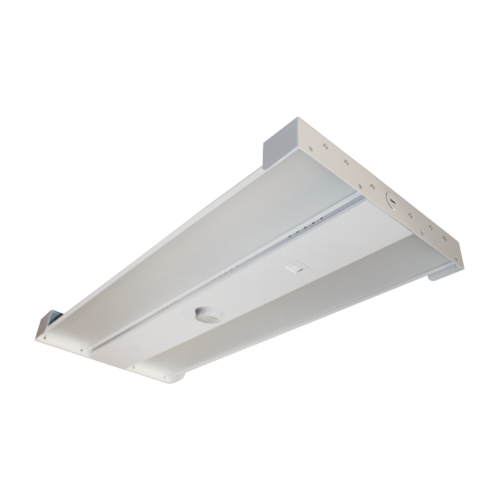 2 ft LED Linear high bay light with a long, rectangular shape and a durable metal body. The fixture has an array of bright LED modules protected by a split frosted lens with a receptacle for a sensor. It can be suspended by chains, surface mounted, or pendant mounted, making it ideal for lighting large, open indoor spaces like warehouses, gyms, or commercial facilities.