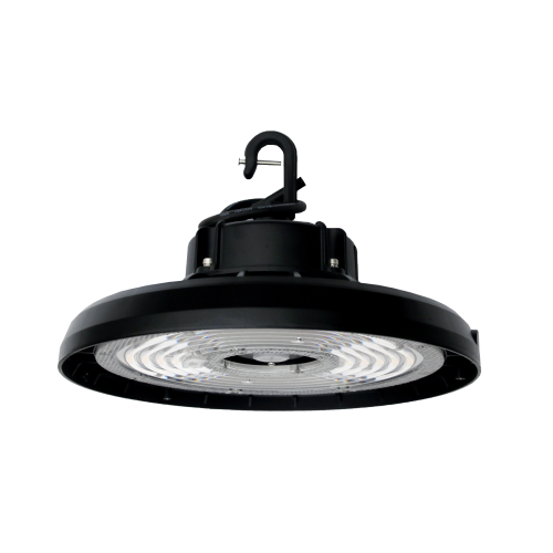LED UFO High Bay Light Fixture illuminating a warehouse/ Efficient LED UFO High Bay Light Solution for Bay Area Industrial Buildings
