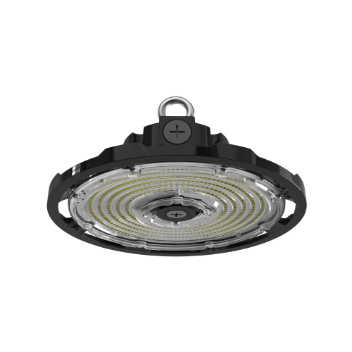 LED UFO High Bay Light Fixture illuminating a warehouse/ Efficient LED UFO High Bay Light Solution for Bay Area Industrial Buildings