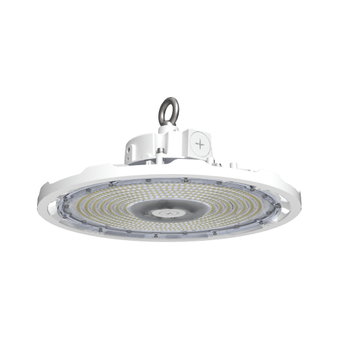 LED UFO High Bay Light Fixture illuminating a warehouse/ Efficient LED UFO High Bay Light Solution for Bay Area Industrial Buildings