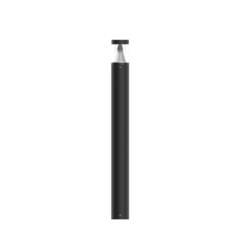 Front view of a sleek, modern bollard light with a cylindrical shape and a dark metallic finish. The light features a flat top and a durable lens for soft, even illumination to spread outward. The fixture is mounted on a sturdy base, ideal for lighting pathways, gardens, or outdoor spaces with its minimalist, functional design.