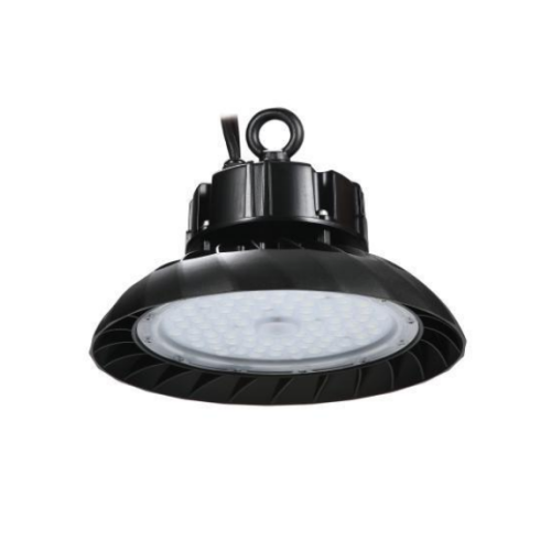 LED UFO High Bay Light Fixture illuminating a warehouse/ Efficient LED UFO High Bay Light Solution for Bay Area Industrial Buildings