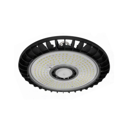 LED UFO High Bay Light Fixture illuminating a warehouse/ Efficient LED UFO High Bay Light Solution for Bay Area Industrial Buildings