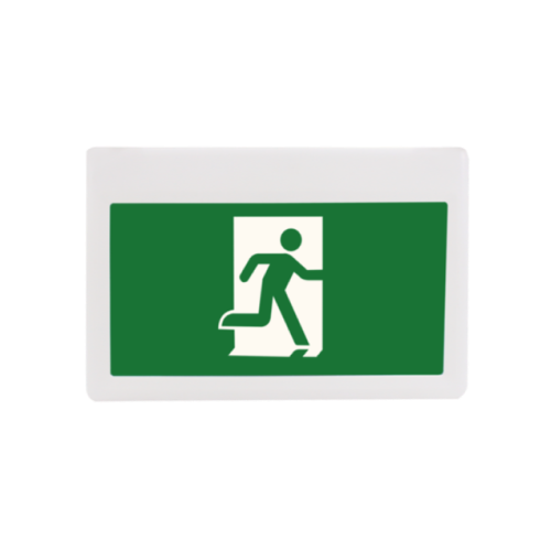 Front view of the LED running man exit sign fixture with a case made of white ABS plastic and running man pictogram
