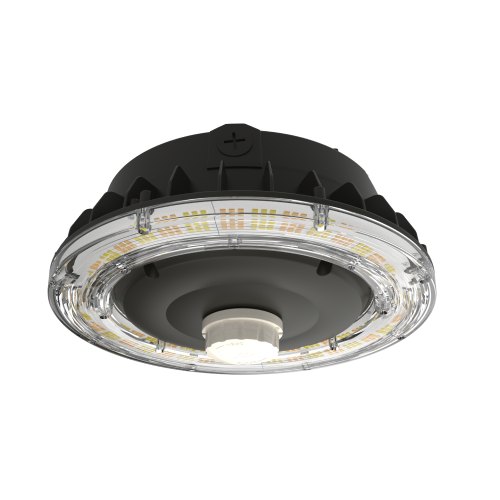 Front view of the AALED Canopy Light in a black finish with a sensor attached, offering high-performance, energy-efficient lighting solutions for a variety of commercial and industrial applications. Perfect for gas stations, parking garages, and under-canopy spaces, these durable LED lights provide bright, uniform illumination while reducing energy costs and maintenance needs. Featuring advanced heat dissipation, long-lasting components, and a rugged, weather-resistant design, AALED Canopy Lights ensure reliable and safe lighting in any environment.
