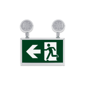 Front view of the LED running man exit sign combo fixture with a case made of white steel and running man pictogram