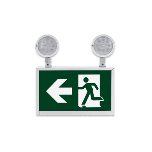 Front view of the LED running man exit sign combo fixture with a case made of white steel and running man pictogram