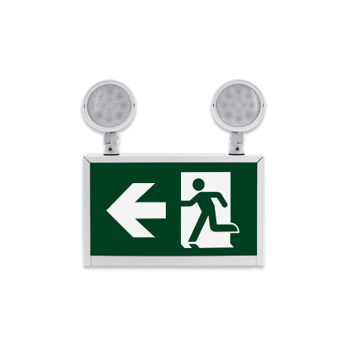 Front view of the LED running man exit sign combo fixture with a case made of white steel and running man pictogram