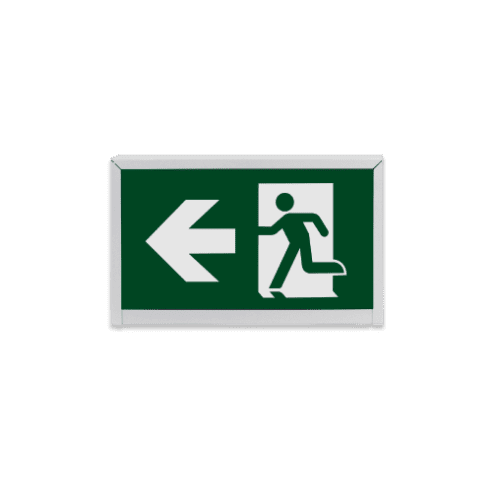 Front view of the LED running man exit sign fixture with a case made of white steel and running man pictogram
