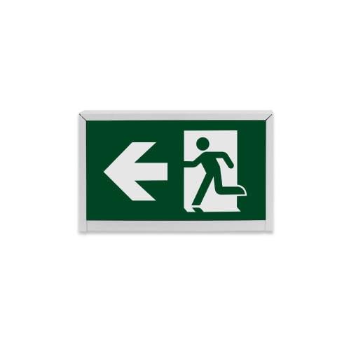 Front view of the LED running man exit sign fixture with a case made of white steel and running man pictogram